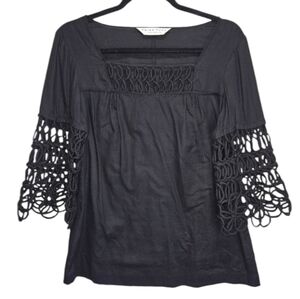 Trina Turk Blouse Black Intricate Crochet Accents Side Zipper *Small / Medium*